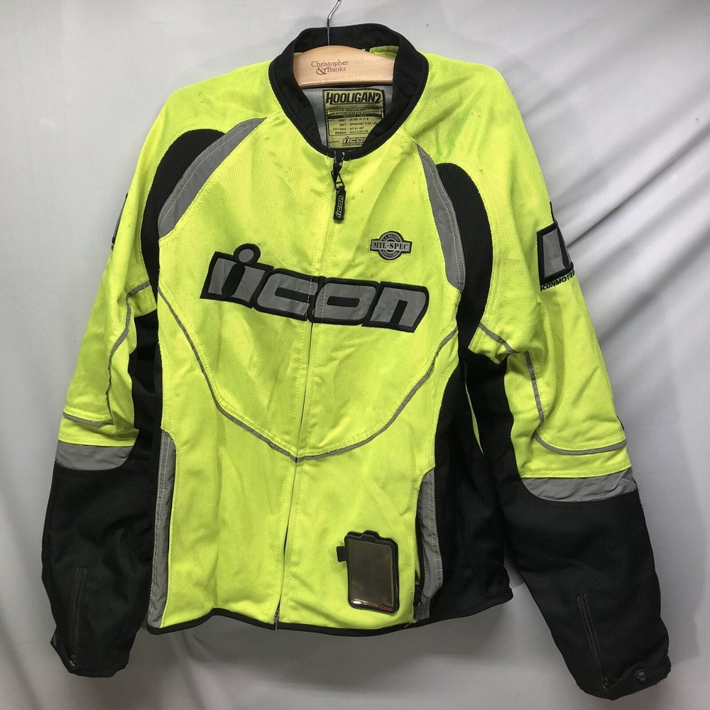 ICON HOOLIGAN 2 MENS Xl PADDED BLACK/YELLOW MOTORBIKE MESH RIDING JACKET w/LINER